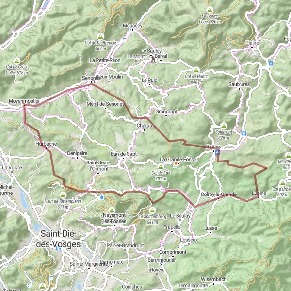 Miniature de la carte de l'inspiration cycliste "Au cœur des Vosges" dans la Lorraine, France. Générée par le planificateur d'itinéraire cycliste Tarmacs.app