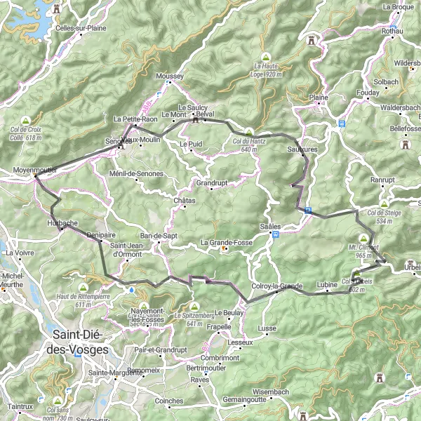 Miniature de la carte de l'inspiration cycliste "Les Montagnes de la Vallée de la Bruche" dans la Lorraine, France. Générée par le planificateur d'itinéraire cycliste Tarmacs.app