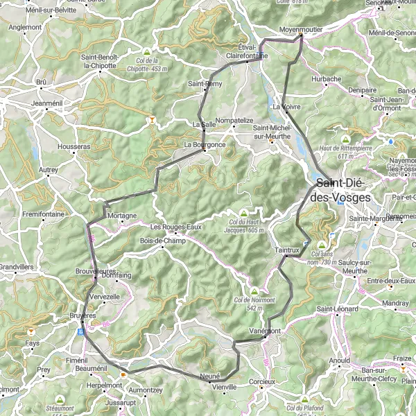 Miniature de la carte de l'inspiration cycliste "Les Vallées de Bruyères" dans la Lorraine, France. Générée par le planificateur d'itinéraire cycliste Tarmacs.app