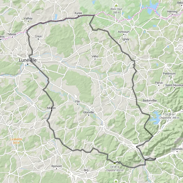 Map miniature of "The Lorraine Randonnée" cycling inspiration in Lorraine, France. Generated by Tarmacs.app cycling route planner