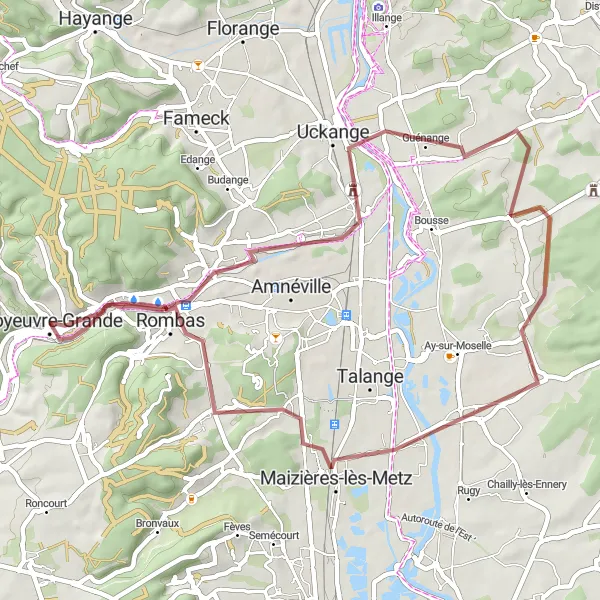 Miniature de la carte de l'inspiration cycliste "Circuit de Uckange et ses environs" dans la Lorraine, France. Générée par le planificateur d'itinéraire cycliste Tarmacs.app