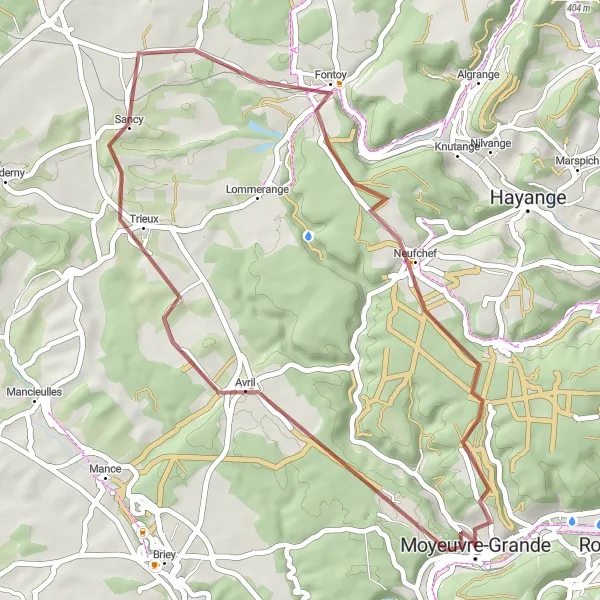 Map miniature of "Moyeuvre-Grande Gravel Adventure" cycling inspiration in Lorraine, France. Generated by Tarmacs.app cycling route planner