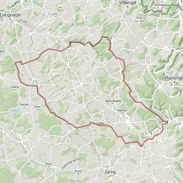 Miniature de la carte de l'inspiration cycliste "Parcours de Gondrecourt-Aix à Moyeuvre-Petite" dans la Lorraine, France. Générée par le planificateur d'itinéraire cycliste Tarmacs.app