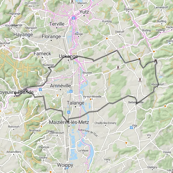 Miniature de la carte de l'inspiration cycliste "Parcours pittoresque entre Moyeuvre-Grande et Rombas" dans la Lorraine, France. Générée par le planificateur d'itinéraire cycliste Tarmacs.app