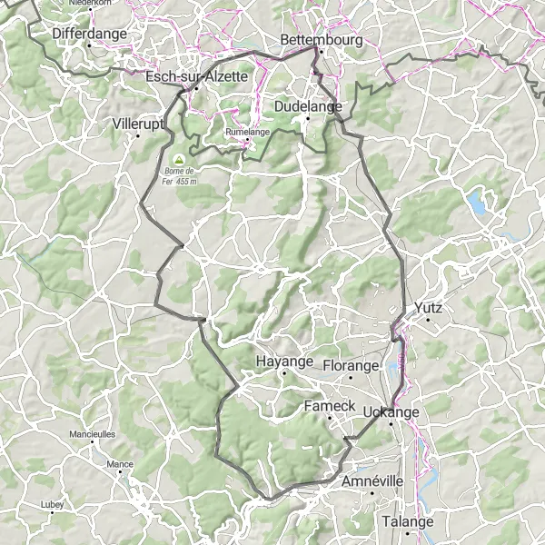 Miniature de la carte de l'inspiration cycliste "Aventure épique à travers la Lorraine et le Luxembourg" dans la Lorraine, France. Générée par le planificateur d'itinéraire cycliste Tarmacs.app