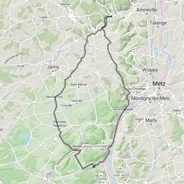 Miniature de la carte de l'inspiration cycliste "Boucle autour de Moyeuvre-Grande à travers les collines de Lorraine" dans la Lorraine, France. Générée par le planificateur d'itinéraire cycliste Tarmacs.app