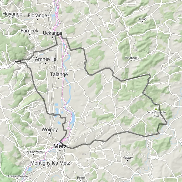 Miniature de la carte de l'inspiration cycliste "Parcours vers le Col de Charleville" dans la Lorraine, France. Générée par le planificateur d'itinéraire cycliste Tarmacs.app