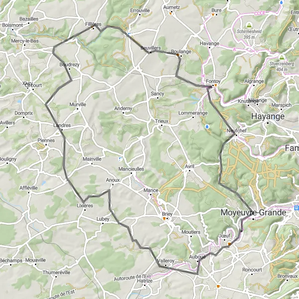 Miniature de la carte de l'inspiration cycliste "Challenge sportif à travers les terres de la Moselle" dans la Lorraine, France. Générée par le planificateur d'itinéraire cycliste Tarmacs.app