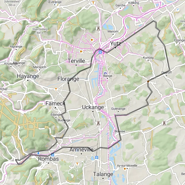 Map miniature of "The Beautiful Moselle Circuit" cycling inspiration in Lorraine, France. Generated by Tarmacs.app cycling route planner