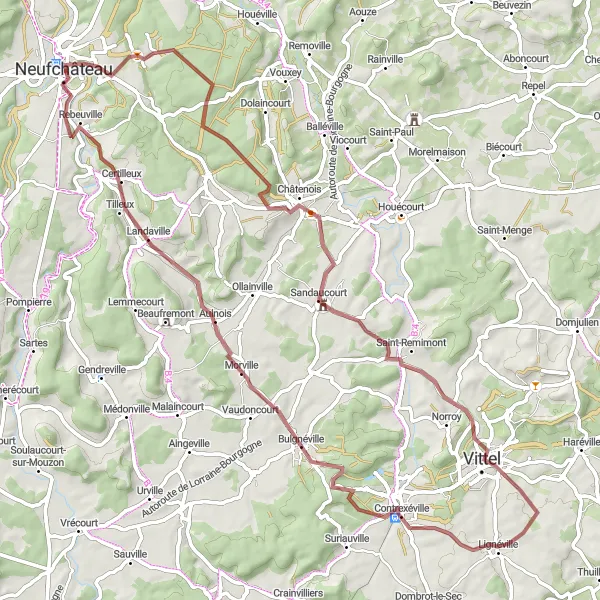 Map miniature of "Exploring the Beautiful Countryside" cycling inspiration in Lorraine, France. Generated by Tarmacs.app cycling route planner