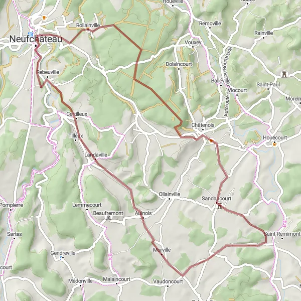 Map miniature of "Gravel Ride to Rollainville" cycling inspiration in Lorraine, France. Generated by Tarmacs.app cycling route planner