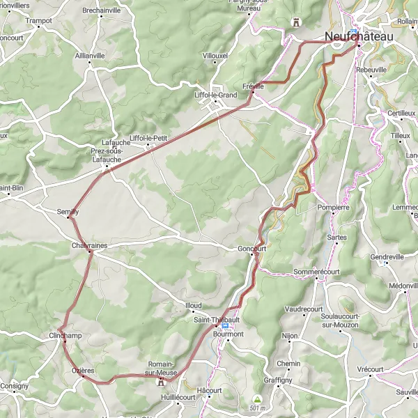 Map miniature of "Journey Through Charming Villages" cycling inspiration in Lorraine, France. Generated by Tarmacs.app cycling route planner