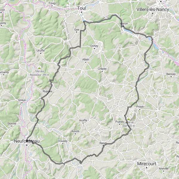 Map miniature of "Vistas and Villages of Western Lorraine" cycling inspiration in Lorraine, France. Generated by Tarmacs.app cycling route planner