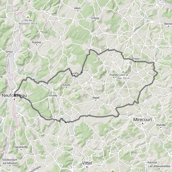 Miniature de la carte de l'inspiration cycliste "Parcours routier des étangs et collines" dans la Lorraine, France. Générée par le planificateur d'itinéraire cycliste Tarmacs.app