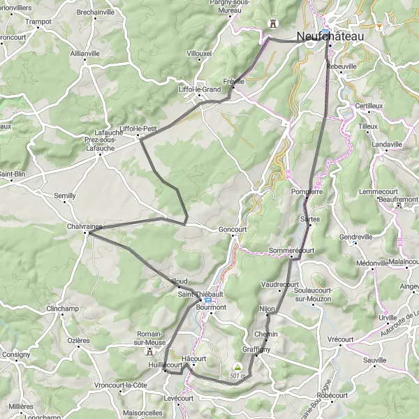 Map miniature of "Neufchâteau and Surrounding Villages" cycling inspiration in Lorraine, France. Generated by Tarmacs.app cycling route planner