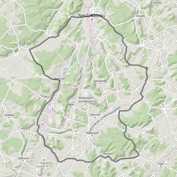 Map miniature of "A Road Cycling Adventure" cycling inspiration in Lorraine, France. Generated by Tarmacs.app cycling route planner