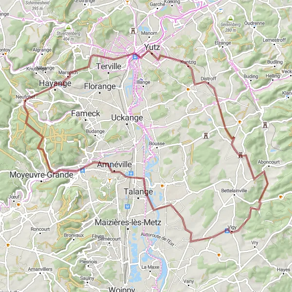 Map miniature of "The Hayange Adventure" cycling inspiration in Lorraine, France. Generated by Tarmacs.app cycling route planner