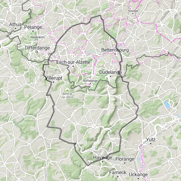 Map miniature of "The Iron Adventure" cycling inspiration in Lorraine, France. Generated by Tarmacs.app cycling route planner