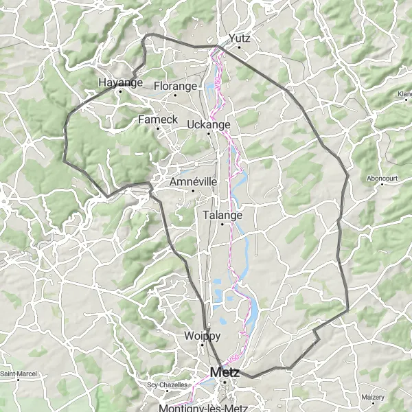 Map miniature of "Hayange and La Belle Croix Circuit" cycling inspiration in Lorraine, France. Generated by Tarmacs.app cycling route planner