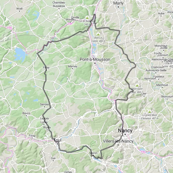 Map miniature of "Moselle River and Nancy Highlights" cycling inspiration in Lorraine, France. Generated by Tarmacs.app cycling route planner