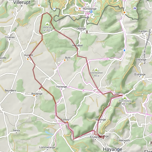 Map miniature of "Gravel Adventure in Nilvange" cycling inspiration in Lorraine, France. Generated by Tarmacs.app cycling route planner