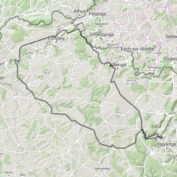 Miniature de la carte de l'inspiration cycliste "Boucle des Coteaux Mosellans" dans la Lorraine, France. Générée par le planificateur d'itinéraire cycliste Tarmacs.app