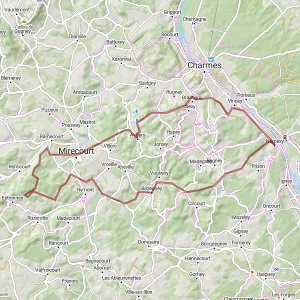 Map miniature of "Derbamont to Vincey Gravel Loop" cycling inspiration in Lorraine, France. Generated by Tarmacs.app cycling route planner