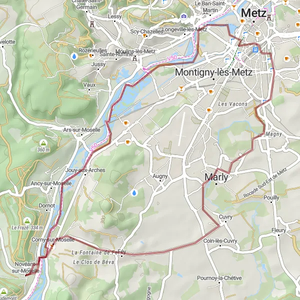Miniature de la carte de l'inspiration cycliste "Escapade culturelle au cœur de la Moselle" dans la Lorraine, France. Générée par le planificateur d'itinéraire cycliste Tarmacs.app