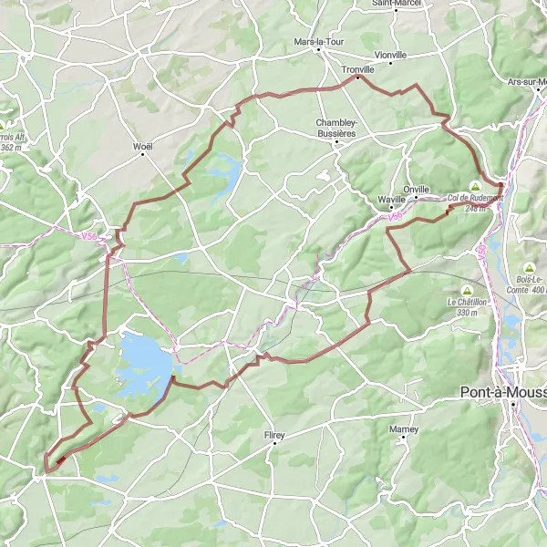 Miniature de la carte de l'inspiration cycliste "Boucle à vélo gravel depuis Novéant-sur-Moselle" dans la Lorraine, France. Générée par le planificateur d'itinéraire cycliste Tarmacs.app