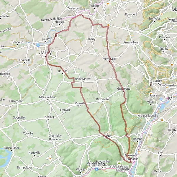 Miniature de la carte de l'inspiration cycliste "Boucle pittoresque autour de Novéant-sur-Moselle" dans la Lorraine, France. Générée par le planificateur d'itinéraire cycliste Tarmacs.app