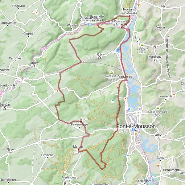 Miniature de la carte de l'inspiration cycliste "Boucle de Vieux Fey-en-Haye en gravel" dans la Lorraine, France. Générée par le planificateur d'itinéraire cycliste Tarmacs.app