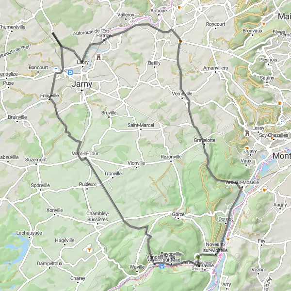 Miniature de la carte de l'inspiration cycliste "Défi sportif entre vallées et collines lorraines" dans la Lorraine, France. Générée par le planificateur d'itinéraire cycliste Tarmacs.app