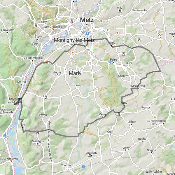Miniature de la carte de l'inspiration cycliste "Boucle des villages de la Nied" dans la Lorraine, France. Générée par le planificateur d'itinéraire cycliste Tarmacs.app