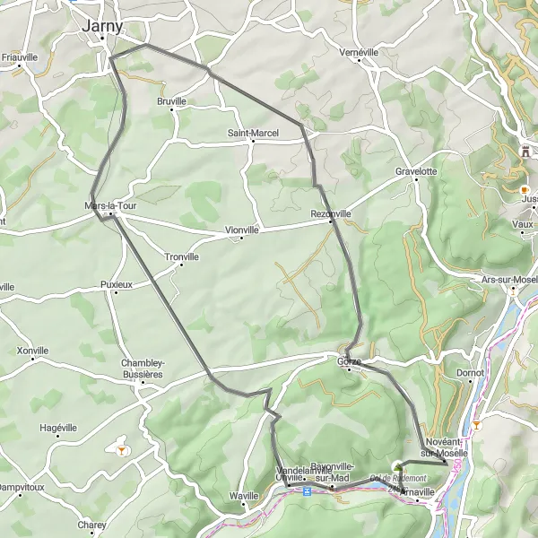 Miniature de la carte de l'inspiration cycliste "Boucle vallonnée de Gorze" dans la Lorraine, France. Générée par le planificateur d'itinéraire cycliste Tarmacs.app