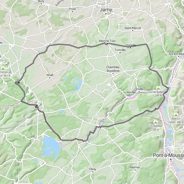 Miniature de la carte de l'inspiration cycliste "Boucle panoramique de la Moselle" dans la Lorraine, France. Générée par le planificateur d'itinéraire cycliste Tarmacs.app