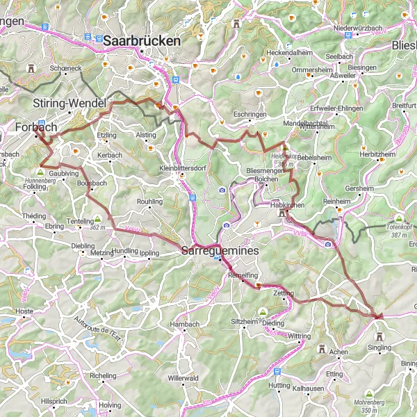 Miniature de la carte de l'inspiration cycliste "Les Collines de Œting" dans la Lorraine, France. Générée par le planificateur d'itinéraire cycliste Tarmacs.app