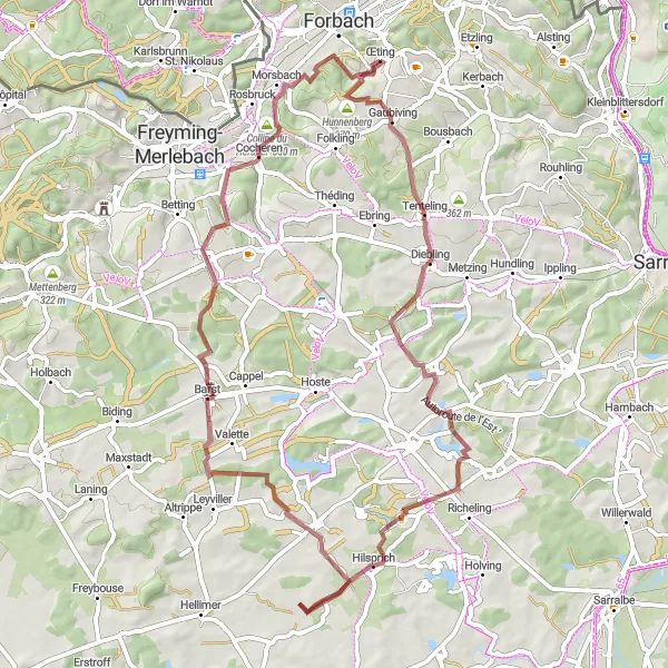 Miniature de la carte de l'inspiration cycliste "Exploration des Vallées de Œting" dans la Lorraine, France. Générée par le planificateur d'itinéraire cycliste Tarmacs.app