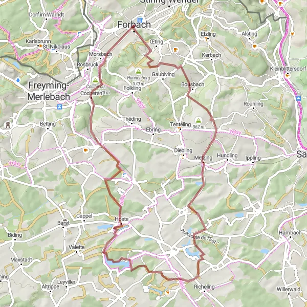 Miniature de la carte de l'inspiration cycliste "Circuit des Collines de Forbach" dans la Lorraine, France. Générée par le planificateur d'itinéraire cycliste Tarmacs.app