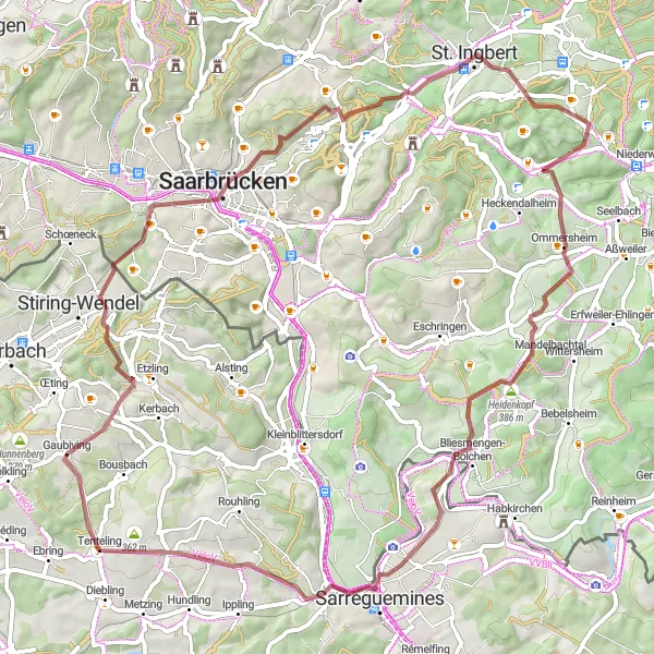 Miniature de la carte de l'inspiration cycliste "Boucle du Saarland" dans la Lorraine, France. Générée par le planificateur d'itinéraire cycliste Tarmacs.app