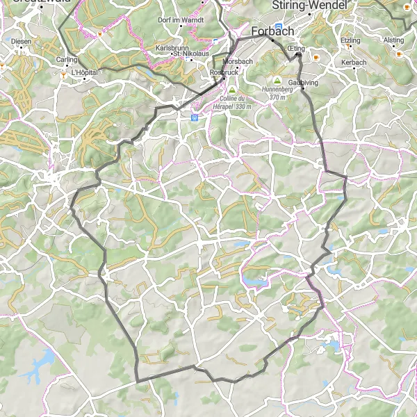 Miniature de la carte de l'inspiration cycliste "Tour Historique de Œting" dans la Lorraine, France. Générée par le planificateur d'itinéraire cycliste Tarmacs.app