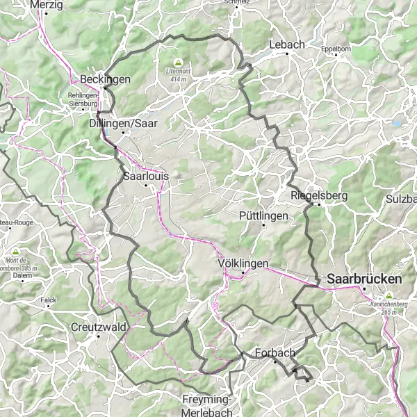 Miniature de la carte de l'inspiration cycliste "Les Routes des Collines de Œting" dans la Lorraine, France. Générée par le planificateur d'itinéraire cycliste Tarmacs.app