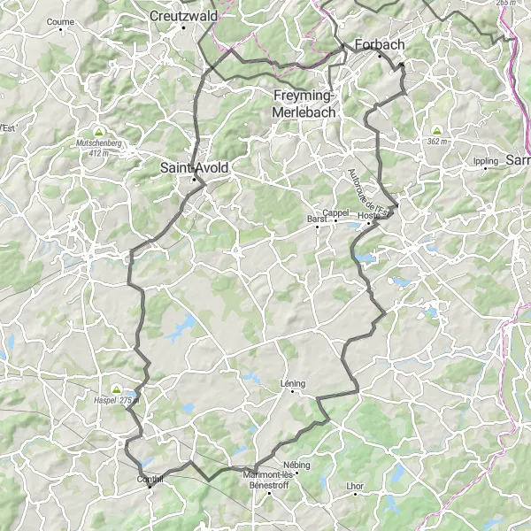 Miniature de la carte de l'inspiration cycliste "Le Tour des Sommets de Œting" dans la Lorraine, France. Générée par le planificateur d'itinéraire cycliste Tarmacs.app