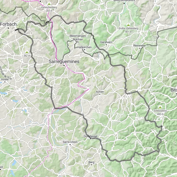 Miniature de la carte de l'inspiration cycliste "Parcours du Pfaffenberg et du Lorentzen" dans la Lorraine, France. Générée par le planificateur d'itinéraire cycliste Tarmacs.app