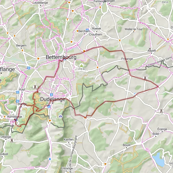 Miniature de la carte de l'inspiration cycliste "Les collines de la Moselle" dans la Lorraine, France. Générée par le planificateur d'itinéraire cycliste Tarmacs.app