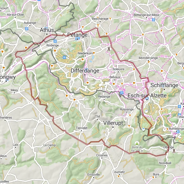 Map miniature of "The Borderland Epic" cycling inspiration in Lorraine, France. Generated by Tarmacs.app cycling route planner