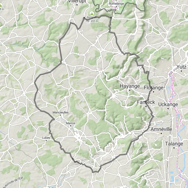 Map miniature of "The Angevillers Ride" cycling inspiration in Lorraine, France. Generated by Tarmacs.app cycling route planner