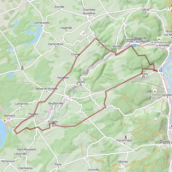 Miniature de la carte de l'inspiration cycliste "Exploration rustique autour de Pagny-sur-Moselle" dans la Lorraine, France. Générée par le planificateur d'itinéraire cycliste Tarmacs.app