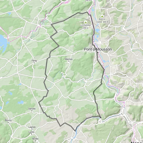 Miniature de la carte de l'inspiration cycliste "Circuit des Boucles de la Moselle" dans la Lorraine, France. Générée par le planificateur d'itinéraire cycliste Tarmacs.app