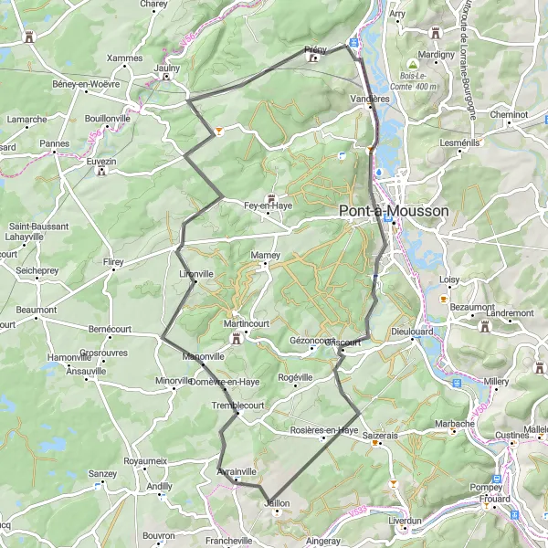 Miniature de la carte de l'inspiration cycliste "Route des Côtes de Lorraine" dans la Lorraine, France. Générée par le planificateur d'itinéraire cycliste Tarmacs.app