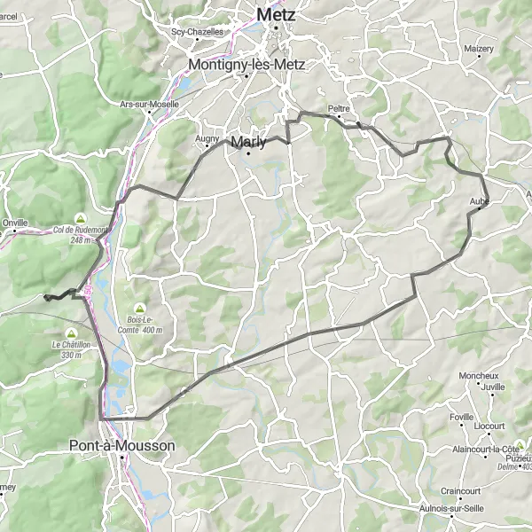 Miniature de la carte de l'inspiration cycliste "Parcours vallonné à travers la Moselle lorraine" dans la Lorraine, France. Générée par le planificateur d'itinéraire cycliste Tarmacs.app